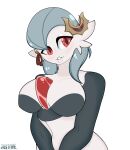  2022 accessory anthro bell big_breasts breasts fan_character female gardevoir generation_3_pokemon hair hi_res just_mae nintendo not_furry pokemon pokemon_(species) red_eyes signature silver_hair simple_background solo testament_(solar_kosmo) white_body 