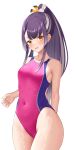  1girl absurdres black_hair breasts brown_eyes commission competition_swimsuit covered_navel cowboy_shot grey_hair highres long_hair looking_at_viewer medium_breasts multicolored_clothes multicolored_hair multicolored_swimsuit ncontrail_(mgax7527) nijisanji one-piece_swimsuit pink_one-piece_swimsuit ponytail skeb_commission skin_tight solo streaked_hair swimsuit umise_yotsuha virtual_youtuber wet wet_clothes wet_swimsuit 