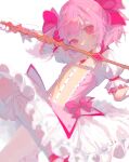  1girl bangs blurry bow bow_(weapon) bow_choker closed_mouth dress frills gloves hair_bow highres holding holding_bow_(weapon) holding_weapon kaname_madoka looking_at_viewer mahou_shoujo_madoka_magica medium_hair pink_bow pink_dress pink_eyes pink_gemstone pink_hair ruu_poppo short_sleeves simple_background smile solo soul_gem two_side_up weapon white_background white_dress white_gloves 