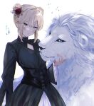  1girl alternate_hairstyle animal artoria_pendragon_(fate) bangs black_dress blonde_hair blush closed_mouth clothing_cutout commentary_request double_bun dress fate/grand_order fate/stay_night fate_(series) frilled_sleeves frills gothic hair_bun hair_ornament highres lion long_sleeves looking_at_viewer nigiri saber_alter sidelocks simple_background white_background wide_sleeves yellow_eyes 