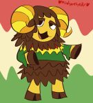  2020 2_horns abstract_background animal_crossing anthro biped black_eyes bottomless bovid bovid_horn brown_body brown_fur caprine caprine_horn clothed clothing cloven_hooves curlos_(animal_crossing) digital_drawing_(artwork) digital_media_(artwork) eyebrows full-length_portrait fur hooves horn looking_at_viewer male mammal markings mirabuncupcakes15 nintendo noseless open_mouth pattern_clothing pattern_shirt pattern_topwear portrait purple_tail sheep shirt signature solo standing striped_horn striped_markings striped_tail stripes tail tail_markings topwear wool_(fur) 