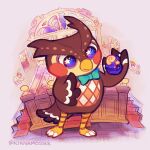  1:1 2021 animal_crossing anthro avian bird blathers_(animal_crossing) bow_tie brown_body fossil green_bow_tie holding_object kiana_mosser male nintendo owl solo sparkling_eyes standing 