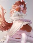  anthro avocado_seed blue_eyes breasts brown_body brown_fur brown_hair clothed clothing dress equid equine female fully_clothed fur hair hi_res horse kneeling legwear looking_at_viewer looking_down_at_viewer mammal panties pinup pose simple_background solo stockings thick_thighs thigh_highs underwear upskirt 