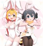  2girls :3 absurdres animal_ears animal_hood arms_up bangs black_choker black_gloves black_hair black_leotard black_pantyhose blonde_hair blue_eyes blush breasts bunny_pose chis_(js60216) choker cleavage commentary cosplay covered_navel dress fake_animal_ears fang fangs fur_collar gloves heart highres hood hooded_jacket jacket kaban_(kemono_friends) kemono_friends leotard long_sleeves looking_at_viewer lucky_beast_(kemono_friends) medium_breasts multiple_girls one_eye_closed open_clothes open_jacket open_mouth pantyhose playboy_bunny rabbit_ears rabbit_hood serval_(kemono_friends) short_hair side-by-side small_breasts smile standing strapless strapless_dress striped_tail sweatdrop tail thighhighs translated usada_pekora usada_pekora_(cosplay) white_dress white_jacket white_leotard white_thighhighs yellow_eyes 