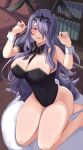 1girl :d absurdres animal_ears bare_legs bare_shoulders black_leotard blush breasts camilla_(fire_emblem) covered_navel detached_collar fake_animal_ears fake_tail fire_emblem fire_emblem_fates hair_over_one_eye highres kneeling large_breasts leotard long_hair looking_at_viewer peli_cantaro playboy_bunny purple_eyes purple_hair purple_nails rabbit_ears rabbit_tail smile solo strapless strapless_leotard tail very_long_hair wavy_hair wrist_cuffs 