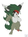  3_toes ambiguous_gender anthro balls bandanna breasts ear_piercing fan_character feet fennephilim_fox fur genitals green_hair grey_body grey_fur hair hi_res inner_ear_fluff kerchief league_of_legends long_hair looking_at_viewer male multicolored_body multicolored_fur nails penis piercing pose riot_games solo standing toes tongue tongue_out tongue_piercing tuft vein veiny_penis yordle 