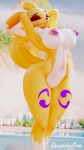  3d_(artwork) anthro bandai_namco big_breasts blender_(software) breasts chest_tuft curvy_figure digimon digimon_(species) digital_media_(artwork) dividebyezer0 eyes_closed female genitals hands_behind_head hi_res hourglass_figure navel nipples nude nude_beach partially_submerged pussy renamon solo stretching tuft vibrator_on_nipple wide_hips yellow_body 
