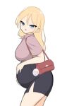  1girl bag big_belly black_skirt blonde_hair blue_eyes blush breasts from_side hair_behind_ear hair_between_eyes handbag hands_on_own_stomach highres large_breasts leaning_forward long_hair looking_at_viewer office_lady open_mouth original pencil_skirt pregnant skirt solo white_background yumu_yumu 