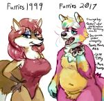  2017 5_fingers absurd_res anthro big_breasts biped black_lips black_nose blue_eyes blue_tail bodily_fluids breasts brown_ears brown_tail clothed clothed_anthro clothed_female clothing comparison digital_media_(artwork) duo ear_piercing ear_stud english_text eyeshadow fangs female female_anthro fingers fully_clothed fully_clothed_anthro fully_clothed_female fur gloves_(marking) hair hands_on_hips hands_on_own_hips hi_res kiophen lips looking_at_viewer makeup mammal markings multicolored_body multicolored_fur multicolored_hair multicolored_tail nipple_outline nude nude_anthro open_mouth pawpads piercing pink_body pink_fur pink_tail pink_tongue portrait red_clothing red_hair red_swimwear saliva saliva_string simple_background standing swimwear tail teeth text three-quarter_portrait tongue white_background white_body white_fur white_inner_ear yellow_body yellow_fur yellow_tail 
