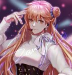  alternate_costume blurry blurry_background bow braid brown_hair chinese_commentary crown_braid earrings grey_bow grey_sweater hair_bun headset highres hoki11 jewelry light_particles long_hair looking_at_viewer quan_zhi_gao_shou single_side_bun smile su_mucheng sweater underbust very_long_hair 