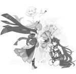  2girls arms_behind_back bare_shoulders boots breasts broken_wall chinese_clothes cleavage closed_mouth dress eden_(honkai_impact) fu_hua fu_hua_(azure_empyrea) gloves greyscale hair_ornament high_heel_boots high_heels honkai_(series) honkai_impact_3rd horns long_hair long_sleeves maiqo medium_breasts monochrome multiple_girls ponytail raiden_mei raiden_mei_(herrscher_of_thunder) seiza single_bare_shoulder sitting speech_bubble spoken_character thumbs_up white_background wide_sleeves 