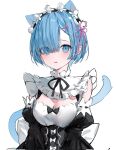  1girl animal_ears back_bow bangs black_bow black_bowtie black_dress black_hairband blue_eyes blue_hair blush bow bowtie breasts buttons cat_ears cat_tail commentary detached_sleeves dress eyes_visible_through_hair flower hair_between_eyes hair_flower hair_ornament hair_over_one_eye hair_ribbon hairband highres juliet_sleeves kemonomimi_mode long_sleeves looking_to_the_side maid medium_breasts open_mouth pink_ribbon puffy_sleeves re:zero_kara_hajimeru_isekai_seikatsu rem_(re:zero) ribbon roswaal_mansion_maid_uniform short_hair simple_background smile solo standing suashi tail white_background white_bow white_flower wide_sleeves x_hair_ornament 