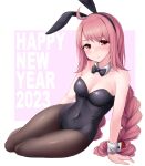  1girl 2023 ahoge animal_ears armband bangs bare_shoulders blush bow_choker braid breasts chinese_zodiac cleavage collarbone commentary_request dot_nose english_text fake_animal_ears hair_ornament happy_new_year highres himuro_rabi long_hair looking_at_viewer magia_record:_mahou_shoujo_madoka_magica_gaiden mahou_shoujo_madoka_magica medium_breasts pink_eyes pink_hair playboy_bunny rabbit_ears sidelocks simple_background sitting solo thighhighs thighs twin_braids very_long_hair white_armband year_of_the_rabbit zwei_(santanawamuujojo) 