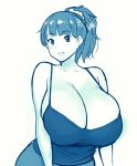  1girl blue_camisole blue_theme breasts camisole cleavage erkaz hair_ornament hair_scrunchie highres huge_breasts looking_at_viewer monochrome original ponytail rina_atherina scrunchie simple_background solo upper_body white_background 