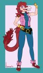  absurd_res accessory anthro clothed clothing crossgender dinosaur dromaeosaurid female gloves goodbye_volcano_high hair hair_accessory handwear hi_res jewelry long_hair long_snout looking_at_viewer markings necklace pink_body purple_eyes red_hair reed_(gvh) reptile scalie snoot_game_(fan_game) snout solo standing theropod velociraptor 