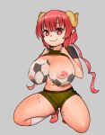 1girl bangs black_shirt bodypaint breasts brown_horns brown_shorts clothes_lift dragon_girl dragon_horns dripping full_body highres horns huge_breasts ilulu_(maidragon) kobayashi-san_chi_no_maidragon long_hair looking_at_viewer mfus navel nipples paint pointy_ears red_eyes red_footwear shirt shirt_lift shoes short_sleeves shorts slit_pupils smile solo squatting thick_thighs thighs twintails 