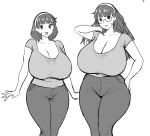  1girl age_progression aged_up arm_up breasts cleavage earrings erkaz feet_out_of_frame gigantic_breasts greyscale hairband hand_on_hip highres huge_breasts jewelry long_hair medium_hair monochrome open_mouth original rina_atherina short_sleeves simple_background white_background white_hairband 