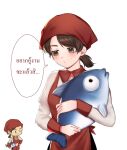  1girl animal apron brown_eyes brown_hair fish fyirkingdomsis head_scarf highres holding holding_animal my_hotpot_story ponytail pouty_lips red_apron solo sweatdrop thai_text translation_request upper_body 