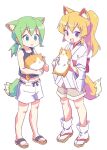 2girls :o animal animal_ears bangs bare_arms bare_shoulders black_tank_top blonde_hair blue_eyes brown_footwear brown_shorts commentary_request dog fox_ears fox_girl fox_tail full_body green_hair hair_between_eyes highres holding holding_animal japanese_clothes kimono long_sleeves multiple_girls navel obi original parted_lips ponytail purple_eyes roku_no_hito sash short_shorts shorts simple_background socks standing tabi tail tank_top white_background white_kimono white_shorts white_socks wide_sleeves zouri 