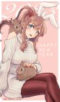  1girl 2023 animal animal_ears animal_on_lap animal_on_shoulder bangs bare_shoulders blue_eyes blush breasts brown_hair chinese_zodiac clothing_cutout commentary_request crossed_legs dress fake_animal_ears happy_new_year highres kantai_collection large_breasts long_hair long_sleeves looking_at_viewer nail_polish natsume_(natsume_melio) on_lap open_mouth pantyhose ponytail rabbit rabbit_ears red_nails red_pantyhose ribbed_sweater saratoga_(kancolle) shoulder_cutout simple_background sitting solo sweater sweater_dress twitter_username white_sweater year_of_the_rabbit 