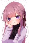  absurdres bangs black_ribbon braid earrings hand_on_own_face highres jacket jewelry long_hair mikeneko_(utaite) milk_tea_1993 neck_ribbon niconico purple_eyes ribbon side_braid sidelocks simple_background single_earring smile sweater_jacket turtleneck upper_body white_background 