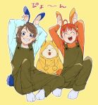  2girls ^_^ animal_ears arms_up bangs blue_eyes brown_hair closed_eyes dog dracham fake_animal_ears fake_tail green_overalls highres long_sleeves looking_at_viewer love_live! love_live!_sunshine!! matching_outfit multiple_girls open_mouth orange_hair overalls rabbit_ears rabbit_tail shiitake_(love_live!_sunshine!!) short_hair smile socks swept_bangs tail takami_chika turtleneck twintails watanabe_you white_socks 