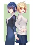  2girls antenna_hair arcueid_brunestud back-to-back bangs blonde_hair blue_dress blue_eyes blue_hair blue_skirt border breasts ciel_(tsukihime) closed_mouth commentary dress from_side green_background habit hair_between_eyes hair_intakes hand_on_hip highres large_breasts long_sleeves medium_breasts miniskirt mkr_(wepn3428) multiple_girls nun open_mouth outside_border pantyhose red_eyes short_hair skirt sweater tsukihime tsukihime_(remake) turtleneck turtleneck_sweater white_border white_sweater 