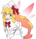  1girl blonde_hair blue_eyes blush capelet dress fairy fairy_wings hair_between_eyes hat ini_(inunabe00) lily_white long_hair long_sleeves looking_at_viewer open_mouth simple_background smile solo touhou white_background white_capelet white_dress white_headwear wide_sleeves wings 