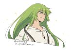  1other androgynous asaya_minoru bangs blue_eyes closed_mouth collarbone cropped_torso english_text enkidu_(fate) fate/strange_fake fate_(series) green_hair hair_between_eyes looking_away robe simple_background smile solo twitter_username upper_body white_background white_robe 