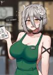  1girl absurdres apron arm_garter bangs bare_shoulders barista blurry blurry_background blush breasts brown_eyes cleavage collarbone curled_horns green_apron grey_hair hair_between_eyes hair_ornament highres holding holding_notepad horns iced_latte_with_breast_milk_(meme) large_breasts looking_at_viewer meme naked_apron notepad open_mouth original short_hair sidelocks solo user_jauy7457 x_hair_ornament 