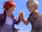  2girls anezu artist_name bakugou_katsuki bangs black_shirt blue_background blurry boku_no_hero_academia chromatic_aberration depth_of_field eyebrows_hidden_by_hair facing_another floating_clothes floating_hair from_side hand_up happy high_collar holding_hands jacket kirishima_eijirou long_sleeves looking_at_another male_focus multiple_girls open_clothes open_jacket open_mouth profile purple_jacket red_eyes red_hair sharp_teeth shirt short_hair short_sleeves sidelighting smile spiked_hair steam straight_hair sweat t-shirt teeth upper_body upper_teeth_only white_shirt zipper 