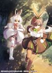  2girls animal_ears bangs bare_shoulders boots bow bowtie brown_eyes brown_hair buttons center_frills clenched_hands closed_mouth coat company_name copyright day elbow_gloves european_hare_(kemono_friends) floating_hair frilled_sleeves frills fur-trimmed_sleeves fur-trimmed_thighhighs fur_collar fur_trim furrowed_brow gloves grey_hair hair_over_one_eye hairband highres kemono_friends kemono_friends_3 light_brown_hair light_smile long_bangs long_hair medium_hair medium_skirt miniskirt mountain_hare_(kemono_friends) multicolored_hair multiple_girls off-shoulder_shirt off_shoulder official_art open_mouth outdoors pleated_skirt rabbit_ears running sacanahen shirt shorts skirt speed_lines thighhighs v-shaped_eyebrows very_long_hair white_hair zettai_ryouiki 