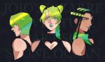  3girls aqua_eyeshadow aqua_lips blending braid breasts cleavage cleavage_cutout clothing_cutout copyright_name dark-skinned_female dark_skin double_bun dreadlocks ermes_costello eyeshadow foo_fighters green_eyes green_hair hair_bun heart_cutout highres isahnas jojo_no_kimyou_na_bouken kujo_jolyne lipstick makeup medium_breasts multiple_girls parted_lips short_hair signature single_braid smile stone_ocean 