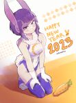  1girl absurdres animal_ears blush boku_no_hero_academia carrot chinese_zodiac collarbone cosplay crotch gloves groin happy_new_year highres hip_bones jirou_kyouka legs looking_at_viewer mirko mirko_(cosplay) purple_eyes purple_hair rabbit_ears rabbit_tail seiza short_hair simple_background sitting solo tail white_background white_gloves ye_77i year_of_the_rabbit 