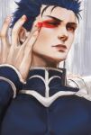  1boy armor blood blood_on_face blue_hair cu_chulainn_(fate) cu_chulainn_(fate/stay_night) earrings fate_(series) highres jewelry male_focus one_eye_closed pauldrons red_eyes sasamura shoulder_armor solo spiked_hair 