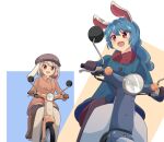  2girls adapted_costume black_pantyhose blonde_hair blue_coat blue_hair boots brown_footwear cabbie_hat coat commentary_request flat_cap ground_vehicle hansode32 happy hat highres motor_vehicle motorcycle multiple_girls open_mouth orange_coat pantyhose red_eyes ringo_(touhou) scooter seiran_(touhou) simple_background touhou 