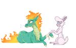  2018 asian_mythology bandage bovid caprine chinese_mythology countershading digital_drawing_(artwork) digital_media_(artwork) domestic_sheep duo east_asian_mythology female female/female feral fire flaming_hair flaming_mane flaming_tail fur green_body green_scales hi_res hooves hybrid longma looking_away lying male mammal mythology on_front orange_eyes pom_(tfh) pompadour pseudo_hair pseudo_mane scales scalie shaking sheep simple_background sitting teal_eyes them&#039;s_fightin&#039;_herds tianhuo_(tfh) white_background white_body white_fur wool_(fur) yomitai 