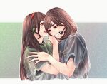  2girls :d airpods animification black_shirt braid brown_eyes brown_hair fukurou_tojo green_shirt hairband hand_on_another&#039;s_shoulder headset liyuu long_hair looking_down multiple_girls open_mouth orange_hairband parted_lips payton_naomi real_life shirt short_hair side_braid smile upper_body voice_actor wireless_earphones 
