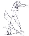  2022 absurd_res anthro backsack balls bottomwear bottomwear_down butt buttplug canid canine clothed clothing cropped_hoodie digital_drawing_(artwork) digital_media_(artwork) genitals girly hi_res humor looking_at_viewer male mammal maned_wolf manedpizzawolf monochrome pants pants_down partially_clothed plug_(sex_toy) raised_tail sex_toy sketch solo tail text tongue tongue_out 
