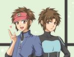  2boys :d bangs black_bodysuit blue_jacket bodysuit brown_eyes brown_hair commentary_request hand_up hatori_a heart jacket looking_at_viewer male_focus multiple_boys nate_(pokemon) open_mouth pokemon pokemon_adventures red_headwear short_hair smile upper_body visor_cap zipper_pull_tab 