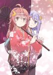  2girls ahoge blue_eyes commentary_request commission cowboy_shot crescent crescent_hair_ornament enjaku_izuku floral_print gradient_kimono hair_ornament highres japanese_clothes kantai_collection kimono long_hair multiple_girls oil-paper_umbrella pink_hair purple_hair red_eyes red_kimono short_hair short_hair_with_long_locks solo_focus umbrella uzuki_(kancolle) yayoi_(kancolle) 