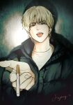  1boy bangs black_eyes black_jacket blonde_hair cigarette ear_piercing earrings fujoking_bbu hair_between_eyes highres holding holding_cigarette jacket jewelry lee_yoohan looking_at_viewer multiple_earrings official_art outstretched_hand payback piercing shadow shirt signature smile solo tongue tongue_out white_shirt 
