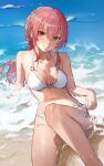  1girl arm_support artist_name bangs bare_shoulders beach bikini blue_ribbon blush braid breasts cleavage collarbone commission eyelashes feet_out_of_frame hair_between_eyes hair_ribbon halterneck highres idolmaster idolmaster_cinderella_girls idolmaster_cinderella_girls_starlight_stage jougasaki_mika knee_up long_hair looking_at_viewer medium_breasts navel o-ring o-ring_bikini o-ring_top ocean outdoors paid_reward_available parted_lips pink_hair ponytail psd_available ribbon shallow_water shore side-tie_bikini_bottom sidelocks single_braid sitting skeb_commission smile solo sooon stomach swimsuit twitter_username untied untied_bikini water wet white_bikini yellow_eyes 
