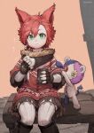  1girl animal_ears artist_name black_gloves commission cup eating feet_out_of_frame final_fantasy final_fantasy_xiv fingerless_gloves gloves green_eyes grey_thighhighs hair_between_eyes highres holding holding_cup jun_(seojh1029) layered_sleeves long_sleeves looking_at_viewer red_hair shadow short_hair short_over_long_sleeves short_sleeves sitting skeb_commission solo stuffed_toy thighhighs 