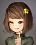  1other absurdres artist_name bangs blush brown_hair buttercup_(flower) chara_(undertale) flower green_sweater grey_background hair_flower hair_ornament hand_on_own_face hand_up highres index_finger_raised long_sleeves looking_at_viewer open_mouth puffy_long_sleeves puffy_sleeves red_eyes sasoura short_hair simple_background smile solo sweater undertale upper_body yellow_flower 