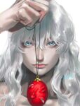  1boy androgynous behelit berserk blue_eyes close-up griffith_(berserk) holding holding_jewelry holding_necklace jewelry long_hair looking_at_viewer necklace nkogg324 signature solo wavy_hair white_background white_hair 