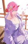  1girl absurdres aqua_eyes bangs breasts cherry_blossoms cleavage darling_in_the_franxx falling_petals fang5hine floral_print flower hair_bun hair_flower hair_ornament highres horns japanese_clothes kimono large_breasts looking_at_viewer oni_horns open_clothes open_kimono outdoors parted_lips petals pink_hair print_kimono purple_kimono red_flower red_horns rose sidelocks solo white_flower yukata zero_two_(darling_in_the_franxx) 