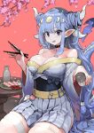  1girl bare_shoulders blue_eyes blue_hair breasts chopsticks cleavage commission cowboy_shot cup grey_kimono grey_skirt hair_ornament highres holding holding_chopsticks holding_cup horns japanese_clothes jun_(seojh1029) kimono long_hair off_shoulder original parted_lips plate pleated_skirt pointy_ears red_background shadow shrimp simple_background skeb_commission skirt smile solo very_long_hair white_horns 