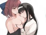  2girls bangs biting black_hair blood blue_ribbon blush bow breast_grab breasts cleavage collarbone commentary_request dress_shirt grabbing hair_bow hair_ribbon hairband highres jonyeld kohaku_(tsukihime) long_hair long_sleeves looking_at_another multiple_girls open_mouth red_hair ribbon shirt short_hair sidelocks tohno_akiha tsukihime white_hairband white_shirt yellow_eyes yuri 