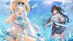 artist_request bad_link bird black_hair blue_sky cloud dress frown hat highres long_hair looking_at_viewer lucia:_crimson_abyss_(punishing:_gray_raven) lucia_(punishing:_gray_raven) ocean official_art punishing:_gray_raven seagull sky splashing starfish straw_hat sunglasses sunlight swimsuit tan water weifengbing white_hair 